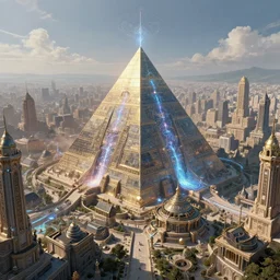 landscape view of a tremendously advanced old world city centered around a mystical & monolithic metalic pyramid, centered with etheric energy harvesting giving limitless energy and profound technology performing magical miracles in abundance, highly intricate, digital art, very elegant, hdr 8 k, biblical art, realism, incomprehensible yet perspicious detail