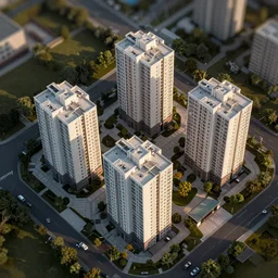 isometric view of residential apartments, drone shot, hyper realistic aerial photography