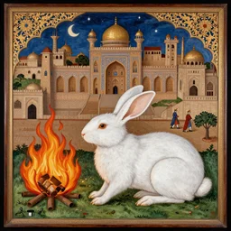 medieval painting depicting a white rabbit  and a city on fire styled Mughal indian paintings, highly detailed