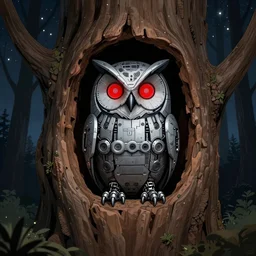 mechanical owl inside a hole in a tree, red eyes glowing, night sky with full of stars, in the middle of forest, illustration, 2 d style, hand drawn, realistic style, futuristic, cinematic lighting, high key lighting, high contrast, golden ratio