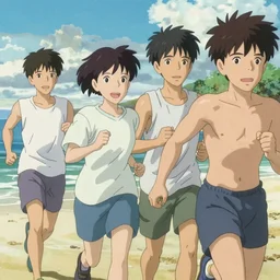 a film still japanese teens running on a sunny beach in summer, finely detailed features, closeup at the faces, perfect art, dramatic light, trending on pixiv fanbox, painted by greg rutkowski makoto shinkai takashi takeuchi studio ghibli, akihiko yoshida