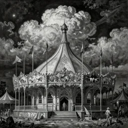 By Tom Bagshaw, ultra realist soft painting of a curiosities carnival by night, omnious sky, symmetry accurate features, very intricate details, black and white, volumetric light clouds
