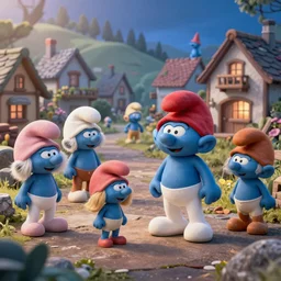 a beautiful photo the smurfs village, hyper realistic, natural light, concept art,, cozy atmospheric and cinematic lighting