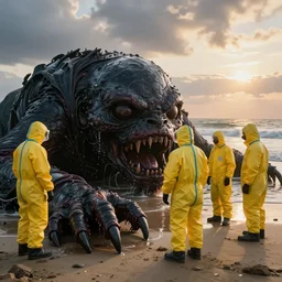Professional Photography, long shot, People in yellow chemical hazmat suits are investigating a huge creepy black creature washed up on the beach.