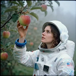 a closeup portrait of a woman wearing an iridescent spacesuit, picking apples from a tree, foggy, moody, photograph, by vincent desiderio, canon eos c 3 0 0, ƒ 1. 8, 3 5 mm, 8 k, medium - format print