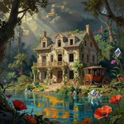 a beautiful detailed painting of carriage house building nature unfinished building city by canaletto, alien crystal biopunk wilderness junglepunk poppy magic realism hyperrealism evil cyberpunk sunlight rainforest darkacademia dramatic lighting thermal imaging lake, archdaily, wallpaper, highly detailed, trending on artstation.