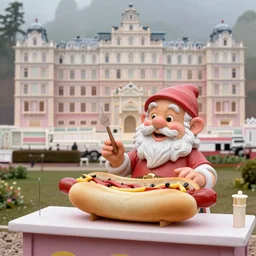 realistic garden gnome in a hotdog stand, from Grand Budapest Hotel, 8k, super realistic, high detail