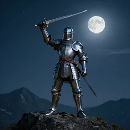 A knight wearing his full set of plate armour. He has his sword raised in the air at night, standing ontop of a mountain towards the moon