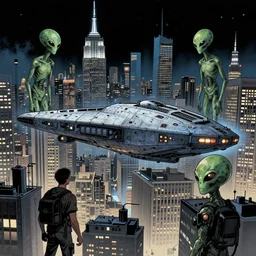 the city of new york being invaded by a couple of aliens ship by greg rutkowski