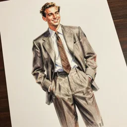 confident, smiling 1 9 2 0 s man in full figure with his hands in his pockets as seen from a slight upward angle. fashion drawing