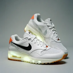 a studio photoshoot of Nike Air Mag x Off-white sneakers designed by Virgil Abloh, leather and transparent knitted mesh material, glowing light outsole, realistic, color film photography by Tlyer Mitchell, 35 mm, Graflex