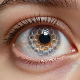 closeup of a human eye made but the center is a honeycomb of bubblewrap plastic, hyper detailed 3d render, macro imagery