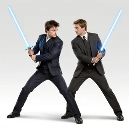 Daniel Radcliffe dueling Elijah Woods while both holding a lightsabers