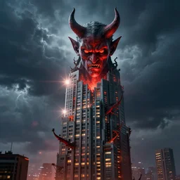 portrait art of a skyscraper owned by the devil, hell visible in lower floors of the building, a storm in the background, moody lighting, lens flare, atmosphere, glow, detailed,intricate, full of colour, cinematic lighting, trending on artstation, 4k, hyperrealistic, focused, extreme details,unreal engine 5, cinematic, masterpiece