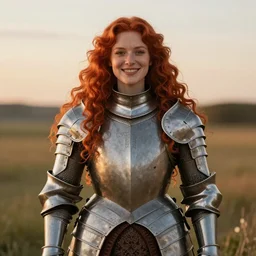 Symmetrical knight of symmetry. Stocky red-haired woman with long curly symmetrical red hair. Plate armor. Cheerful. Art by William-Adolphe Bouguereau. During golden hour. Extremely detailed. Beautiful. 4K. Award winning.