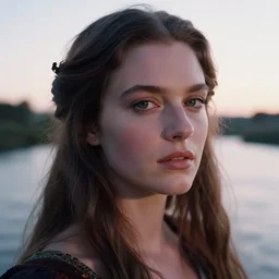 closeup _ plate _ photography _ portrait _ of _ a _ stunningly _ beautiful _ highland siren renaissance _ female _ healthy maiden face _ in _ soft _ dreamy _ light _ at _ sunset _ beside _ the _ river _ soft _ focus, annie leibovitz, hasselblad, nikon, steve mccurry, david lazar, jimmy nelsson