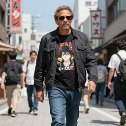 samuel l jackson walking around akihabara wearing anime merchandise, high detail, 4 k, sunny, detailed, clear sky.