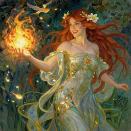 breathtaking female character portrait, smiling hapa sorceress chasing will-o-wisps casting a fireball in a garden, Alphonse Mucha