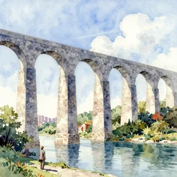 city bay bridge aqueduct, colorful watercolor. by rembrandt, ralph mcquarrie, escher aluminum, 1 6 6 7