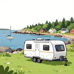 long!! fifth wheel camper towable rv on the grass by the harbor in maine, rocky coast, sailboats in the water, tiny village, white background, cute digital cartoon painting art, 4 colors!!! trending on artstation