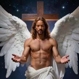 cosmic divine angelic portrait of will smith as jesus holding his hands open, big cross behind him, on a cross, au naturel, hyper detailed, digital art, trending in artstation, cinematic lighting, studio quality, smooth render, unreal engine 5 rendered, octane rendered, art style by klimt and nixeu and ian sprigger and wlop and krenz cushart.