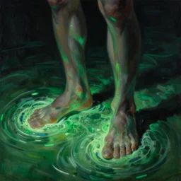 standing in the brine, glowing brine, feet, high detailed beksinski painting, part by adrian ghenie and gerhard richter. art by takato yamamoto. masterpiece, dark, deep colours, green, black