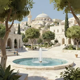 photo of a beautiful white egyptian limestone city plaza, lush trees, water fountains, deep focus, highly detailed, digital painting, artstation, concept art, matte, sharp focus, illustration, art by artgerm and greg rutkowski and alphonse mucha