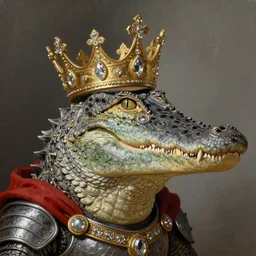 detailed photorealistic painting of a crocodile wearing a highly detailed ornamented gold crown with diamonds, in a medieval knight armor with red cape , sharp focus in the style of ruan jia, Mandy jurgens, cinematic light, concept art, trending on artstation, ultra realistic