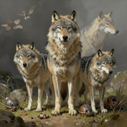 wolves and their treasures. fantasy style, trending on artstation, illustration, digital painting, highly detailed render by david caspar friedrich and george stubbs