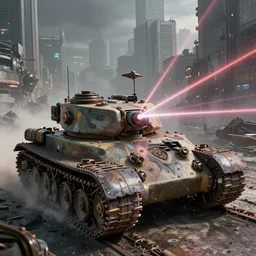 biomechanical tank war, ashley wood syd mead moebius, beautiful details, wide angle action shot, photorealistic, 8 k, octane render, neo tokyo nuclear holocaust background, mist, ornate, lasers, volumetric lighting, - w 7 6 8
