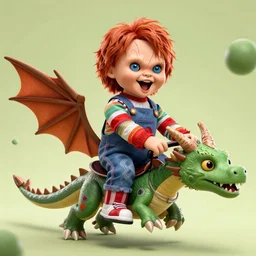 screaming chucky doll riding a dragon