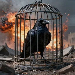 postapocalyptic picture of black raven in cage, very emotional, ruins around, nuclear explosion, erik johansson style, conceptual art, the last day on the earth, insane detail, hyper realistic 8 k textured