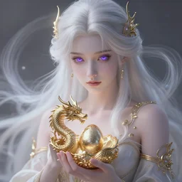 upper body portrait, princess clutching dragon eggs, platinum hair, fare skin, violet eyes, divine, hazy, volumetric lighting, spacetime bending, very detailed, serene, gold accents, washed out colors, beautiful artwork, master level composition, raytracing