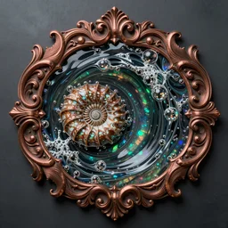 art nouveau cresting oil slick waves, ammonite, hyperdetailed bubbles in a shiny iridescent oil slick wave, black opals, ornate copper patina spiral ornament, rococo, organic rippling spirals, hyperdetailed photorealistic ultrasharp octane render