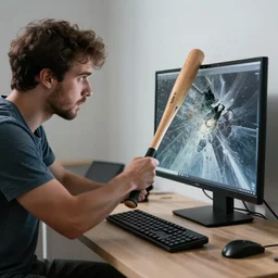 photograph of a man destroying his monitor with a baseball bat