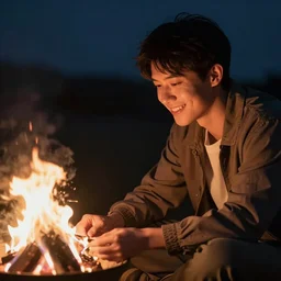 a man smiling while staring into a flame at night