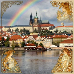 a view from the river a city resembling prague, paris, and venice after a rain with a rainbow, intricate, elegant, highly detailed, digital painting, artstation, concept art, smooth, sharp focus, colored illustration for tattoo, art by krenz cushart and artem demura and alphonse mucha,