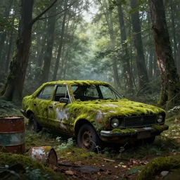a abandoned ruined and mossy car in the middle of a forest near some dirty barrels made by devin l kurtz, digital art, digital painting, masterpiece, high quality, highly detailed, high coherence, path traced, bloom, godrays, complementary colors, apocaliptic ambient, beautiful, elegant, symmetrical