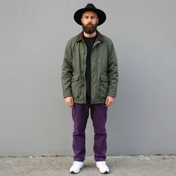 a man of caucasian appearance with a beard in a black hat, green jacket, purple pants and white sneakers in full height, perfect face, chin curtain beard