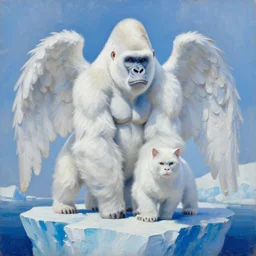 highly detailed painting of white giant gorilla cats with large feathered wings on a blue and white iceberg by william turner, by greg rutkowski, by william constable, thick brush strokes and visible paint layers, 4 k resolution