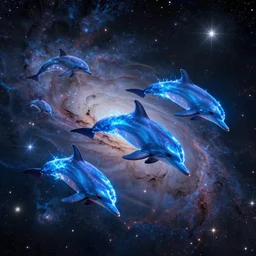 Ethereal blue fire dolphins flying through a nebula, Sirius star system, star dust, cosmic, magical, shiny, glow,cosmos, galaxies, stars, outer space, stunning, by andreas rocha and john howe, and Martin Johnson Heade, featured on artstation, featured on behance, golden ratio, ultrawide angle, hyper detailed, photorealistic, epic composition, wide angle, f32, well composed, UE5, 8k