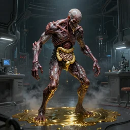 realistic coubert dark hi-tech sci-fi lab at night, realistic gustave coubert full body painting of hideous and sick shiny onyx skin human exposed guts crawling in two legs and dripping golden metalic fluid from intestine into a pool of golden liquid on the floor. Smokey atmosphere