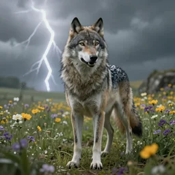 A high fantasy wolf girl standing in the middle of the field of flowers, by Peter Mohrbacher and Craig Mullins, full shot, official media, beautiful, detailed, high quality, wallpaper 4K, epic, trending on artstation and behance, artstationHQ, artstationHD, dynamic lightning