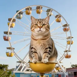 !!! cat!!!, ferris wheel, feline, sitting, riding, funny, award winning photo, realistic,