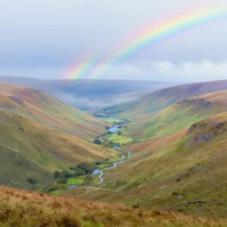 look out across the windswept hills, with rainbow hues, with misty blues, across the valleys, lakes and rills, where landscapes fuse, where eyes peruse. illustration