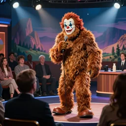 a bigfoot clown holds a microphone and stands in the audience of a daytime talk show, speaks to audience member, 3 5 mm photography