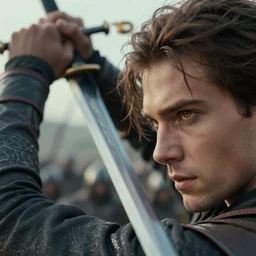 close up cinematic artwork of a warrior with hazel eyes and brown hair in his twenties with his sword raised in the air, staring down the enemy by Greg Rutkowski, 4k, masterpiece
