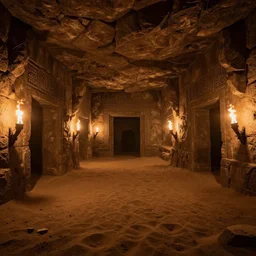 man-made underground dungeon interior with low ceiling and brown stone walls, sand pit, floor completely covered with deep sand, doorways and passages, lit by dim orange torchlight, engraved carvings on the walls;  detailed, best on artstation, raymond swanland, bayard wu, cosmic, epic, stunning, masterpiece