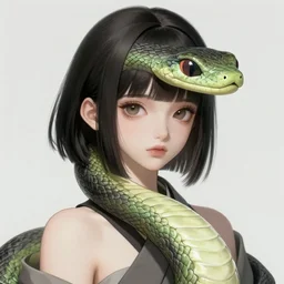 Character concept art of an anime snake priestess || hime cut, cute-fine-face, pretty face, realistic shaded Perfect face, fine details by Stanley Artgerm Lau, WLOP, Rossdraws, James Jean, Andrei Riabovitchev, Marc Simonetti, and Sakimichan, tranding on artstation