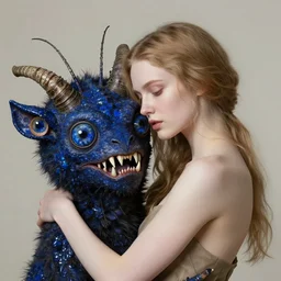delicate, flawless beautiful woman embracing a a mutant monster creature with four lapis - lazuli eyes, knife - like teeth, round conch fractal horns, insect antennae. jan van eyck, walton ford